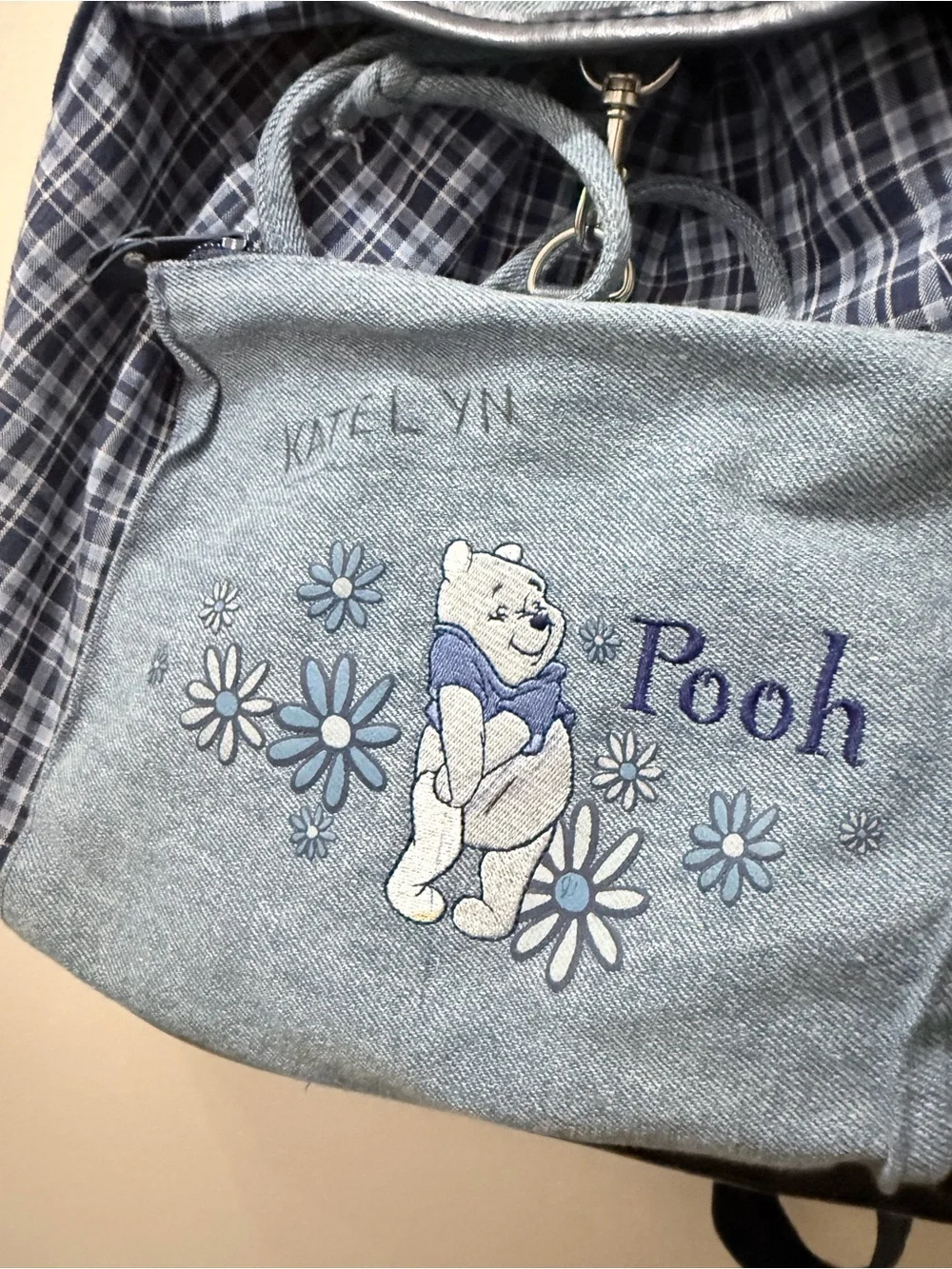Vintage 90s Denim Jean Plaid Winnie The Pooh Floral Book Bag Character School